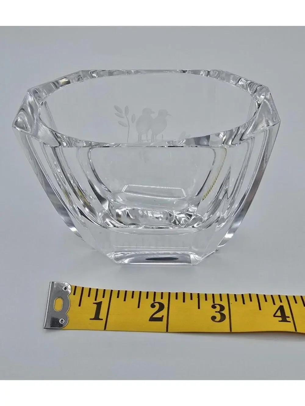 Vintage Signed Orrefors Sweden Crystal Birds Small Vase Bowl Etched Bird Motif